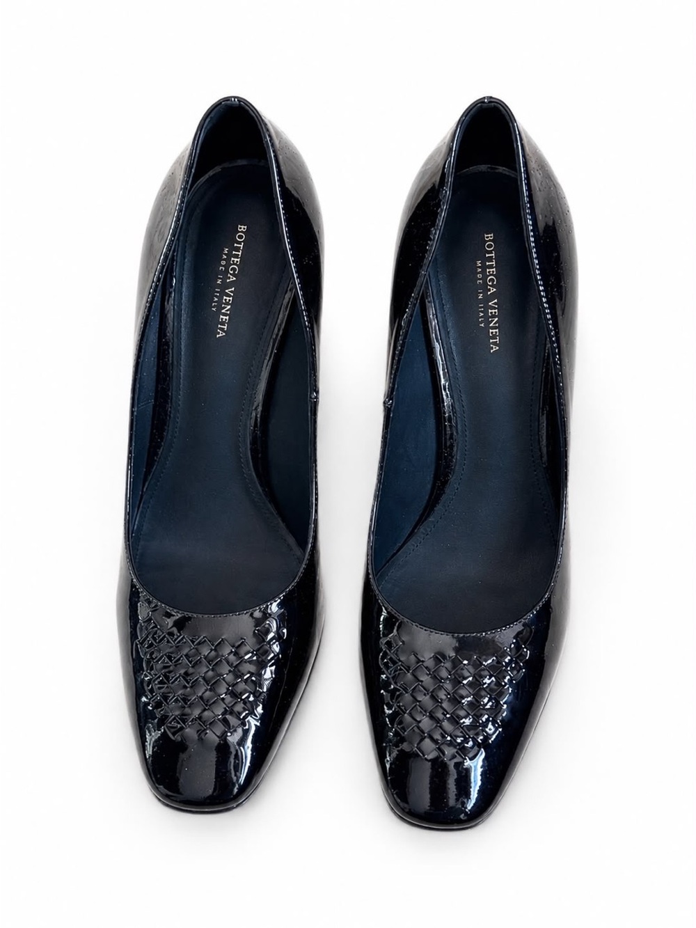 Veneta Black Patent Leather Intrecciato Block Heel Pumps Size 38 Made in Italy